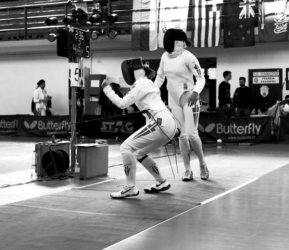 2nd Leonidas Pirgos Fencing Tournament. The joy of the fencer Pari Filippousi after scoring a touch