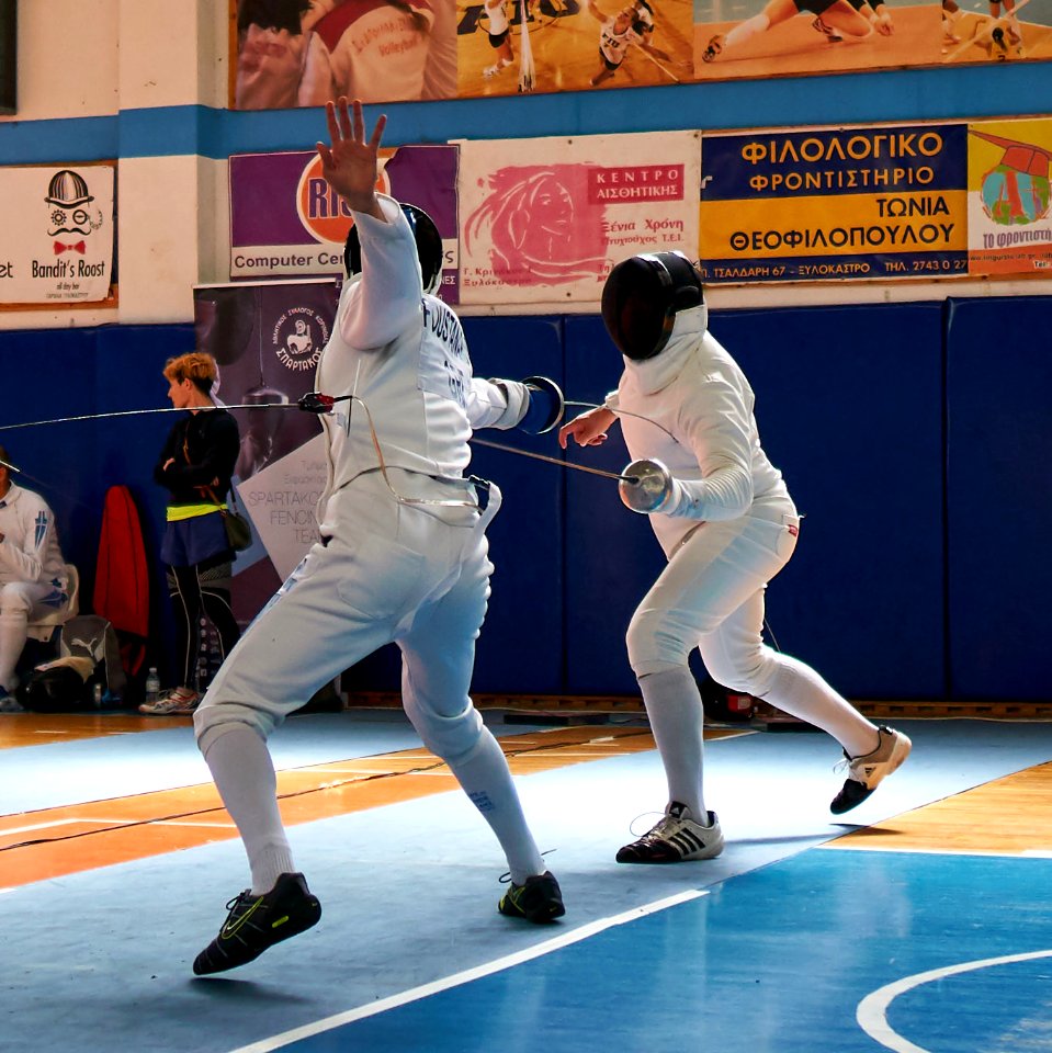 2nd Leonidas Pirgos Fencing Tournament. The fencer Stelios Foustanakis scores a touch