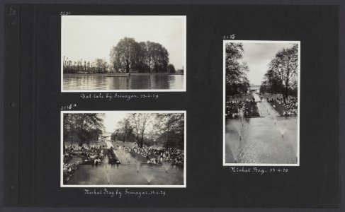 Albumblad met drie foto's. Linksboven het Dal-meer bij Srinagar linksonder en , Bestanddeelnr 32 41