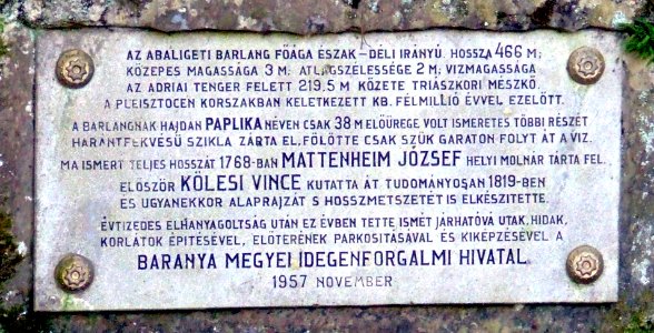 Abaligeti barlang tábla