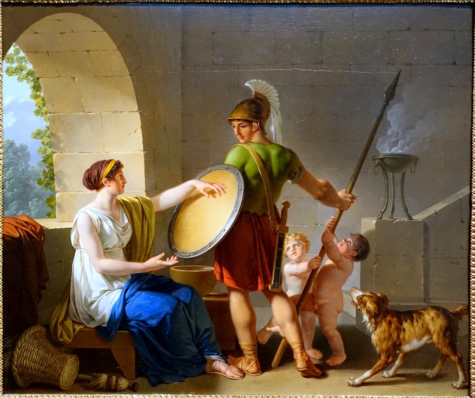 A Spartan Woman Giving a Shield to Her Son, by Jean-Jacques-Francois Le Barbier, 1805, oil on panel - Portland Art Museum - Portland, Oregon - DSC09070