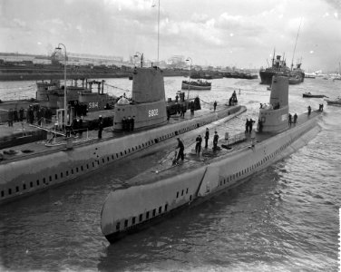 Aankomst Hr Ms Zeeleeuw (rechts) en Walrus (links) in Rotterdam, Bestanddeelnr 909-3968