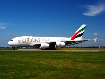 A6-EDP Emirates Airbus A380-861 taxiing at Schiphol (AMS - EHAM), The Netherlands, 18may2014, pic10 photo
