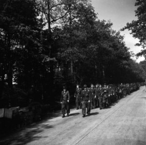Inleveren van wapens door de Duitsers Duitse militairen op weg naar het wapende, Bestanddeelnr 900-3041