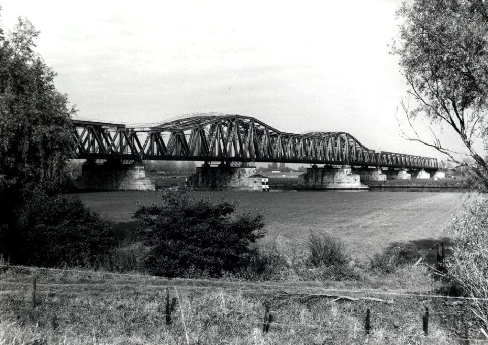 HUA-170350-Gezicht op de spoorbrug over de Maas bij Hedel, na de verdubbeling van de brug