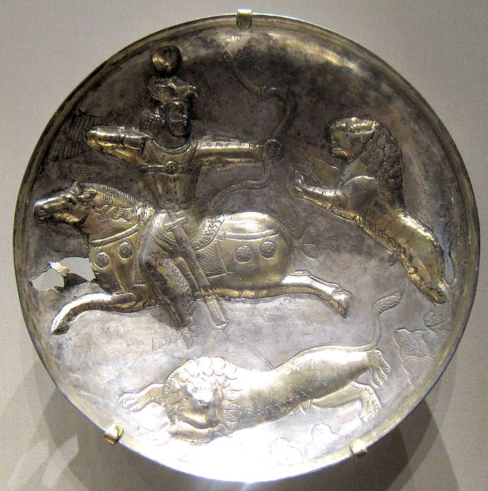 Hunting king plate, 303-309 CE, silver, Sasanian, Cleveland Museum of Art
