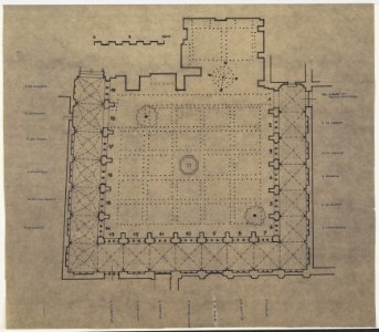 HUA-214497-Plattegrond van de kruisgang van de Domkerk te Utrecht met weergave van de nieuw ingedeelde beplanting en genummerde aanduiding van de nieuw gehakte t