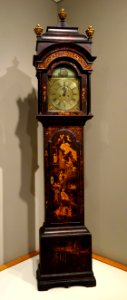 Japanned tall clock, dial inscribed 'Brown Boston', movement by Gawen Brown, japanning possibly by Thomas Johnston, Boston, 1745-1755, white pine, paint, gesso, gilt, view 1 - Winterthur Museum - DSC01404