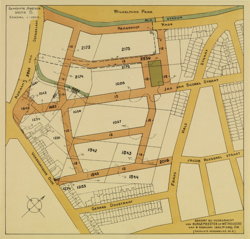 HUA-214164-Plattegrond van het terrein tussen de Minstroom Hendrick de Keijserstraat Laan van Minsweerd Vossegatsedijk Adriaen van Ostadelaan te Utrecht; met wee