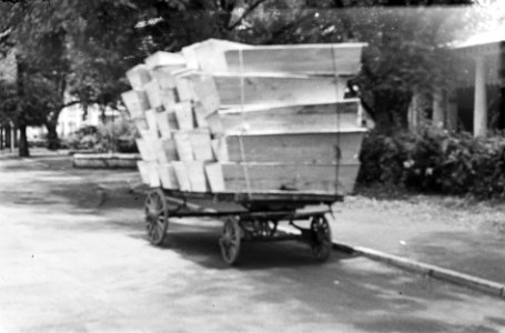 Grote stapel lijkkisten op een lorry, Bestanddeelnr 6067