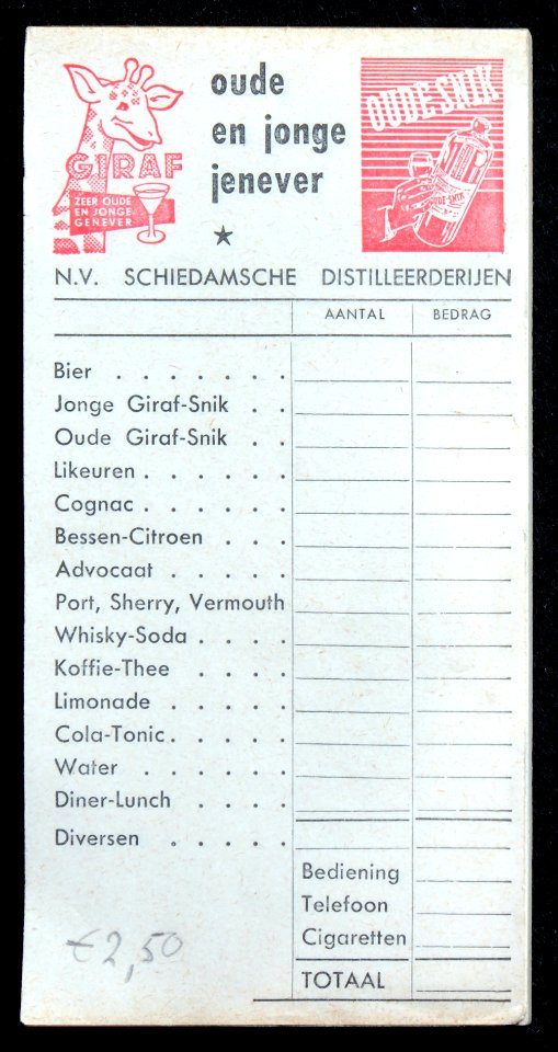 Giraf, oude en jonge jenever, NV Schiedamse Distillererijen, Oude Snik, foto 1