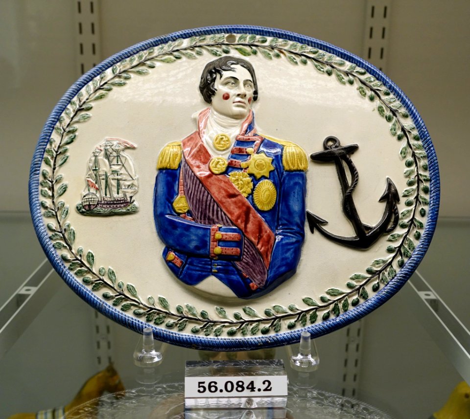 Horatio Nelson plaque, Staffordshire, England, c. 1800, pearlware, underglaze blue enamel, overglaze enamels, HD 56.084.2 - Flynt Center of Early New England Life - Deerfield, Massachusetts - DSC04611
