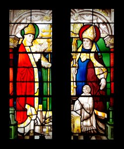 Holy Pope and Holy Bishop with donor, Leuven, c. 1500-1520, stained glass - Museum M - Leuven, Belgium - DSC04981