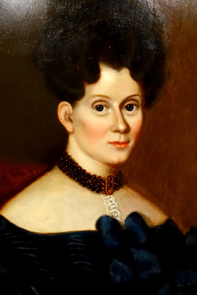 Hannah Fuller (Smith) Stamwood, by Susannah Paine, detail, 1834, oil on wood panel - Cape Ann Museum - Gloucester, MA - DSC01044