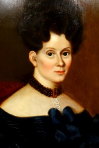 Hannah Fuller (Smith) Stamwood, by Susannah Paine, detail, 1834, oil on wood panel - Cape Ann Museum - Gloucester, MA - DSC01044