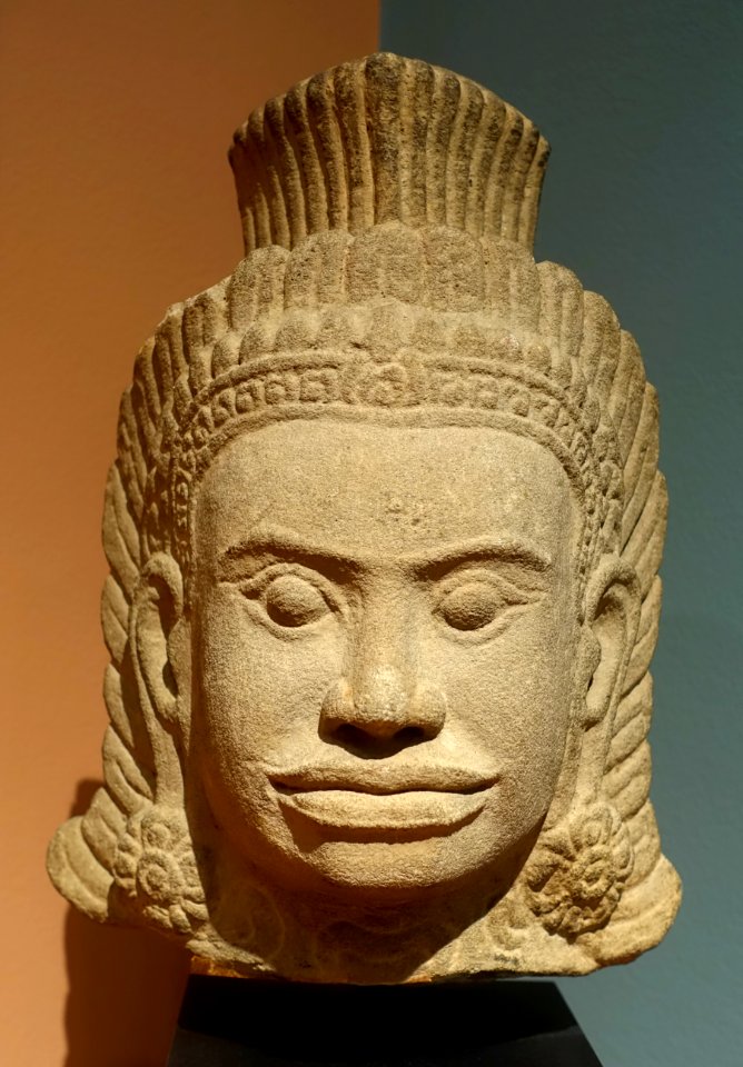 Head of a Dvarapala, Cambodia, Khmer period, perhaps 12th-13th century AD, stone - Middlebury College Museum of Art - Middlebury, VT - DSC08243