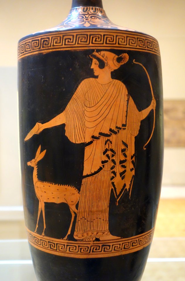 Lekythos with Artemis pouring libation and faun, view 2, Oreithyia Painter, Greek, Attica, c. 470 BC, ceramic, red figure decoration - Chazen Museum of Art - DSC02704