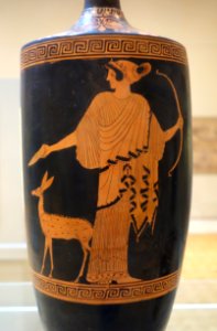 Lekythos with Artemis pouring libation and faun, view 2, Oreithyia Painter, Greek, Attica, c. 470 BC, ceramic, red figure decoration - Chazen Museum of Art - DSC02704