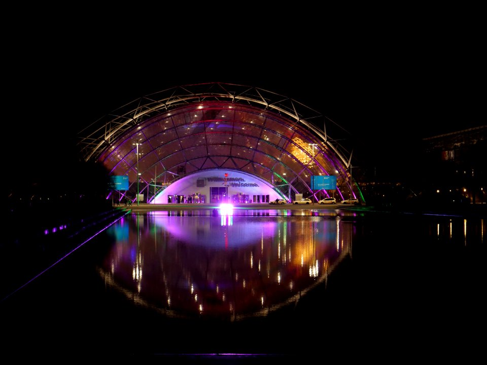 Leipzig fair main entrance from outside at night during 36C3 on day 2 13