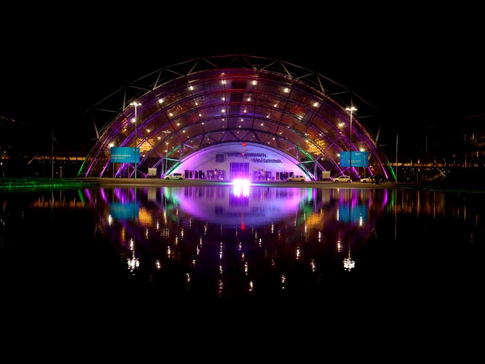 Leipzig fair main entrance from outside at night during 36C3 on day 2 03