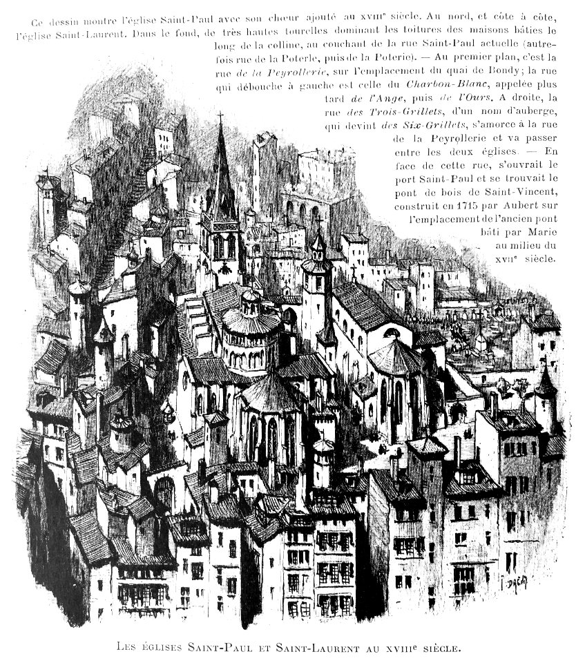 Le Lyon de nos pères, Vingtrinier et Drevet, 1901, page 276, dessin de Joannès Drevet, les églises Saint-Paul et Saint-Laurent au XVIIIe siècle