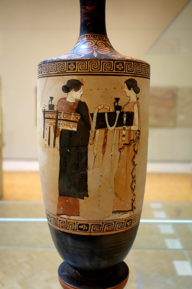 Lekythos with women going to cemetery, view 2, near the Timokrates Painter, Greek, Attica, c. 460 BC, ceramic, red figure decoration on white ground - Chazen Museum of Art - DSC02693