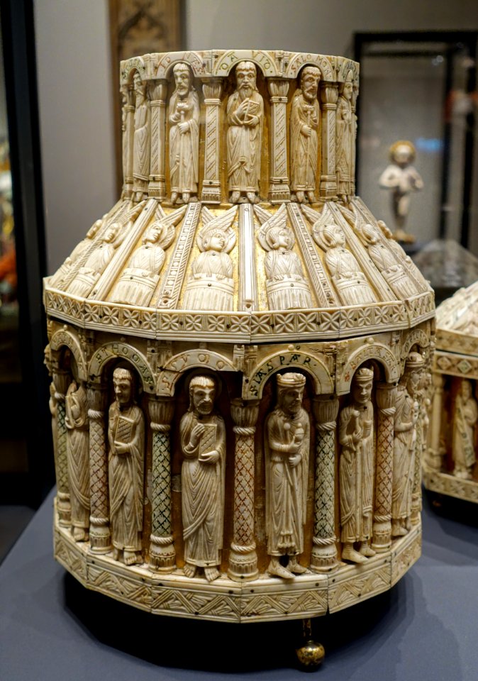 Large tower reliquary, view 1, Köln, 1175-1200 AD, bone, wood, copper, bronze, brown varnish - Hessisches Landesmuseum Darmstadt - Darmstadt, Germany - DSC00346