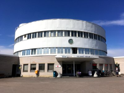 Malmi airport terminal from the parking closeup in June 2019
