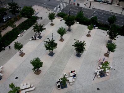Lyon 3e - Parvis Renée Richard, depuis le Jardin Suspendu du parc des Halles