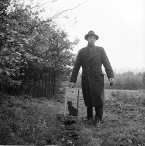 Kattenvallen in Amsterdamse bos, boswachter J de Groot bij de val met katje, Bestanddeelnr 914-5054