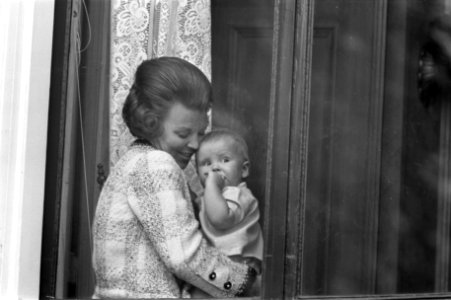 Koninginnedag. Prinses Beatrix en prins Willem Alexander achter raam, Bestanddeelnr 921-3059
