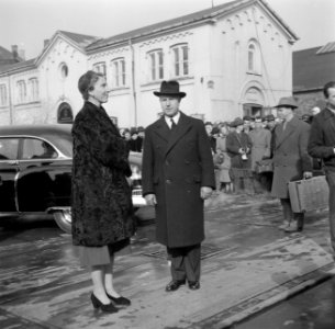 Koningin Ingrid bij een auto op de kade in Kopenhagen met op de achtergrond toes, Bestanddeelnr 252-8652
