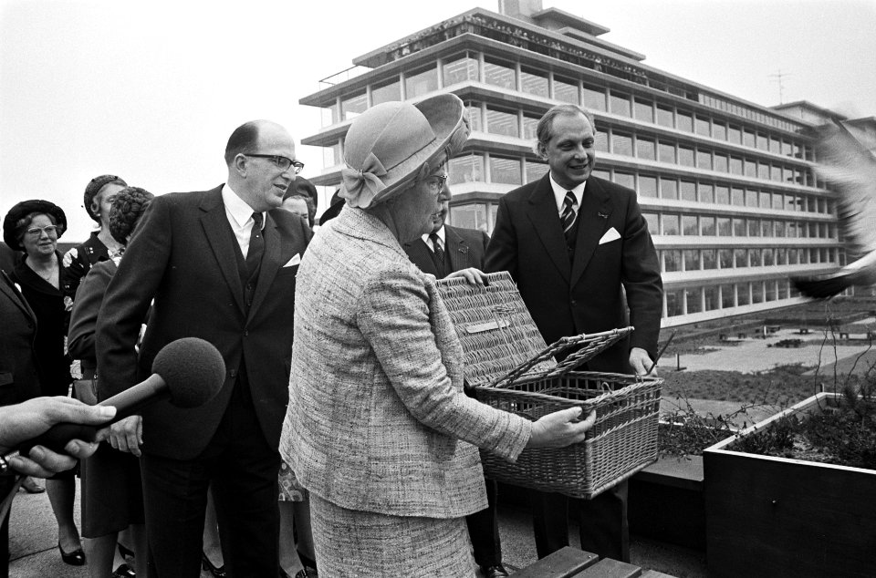 Koningin Juliana opent provinciehuis in Zwolle, koningin Juliana laat postduif l, Bestanddeelnr 926-3852