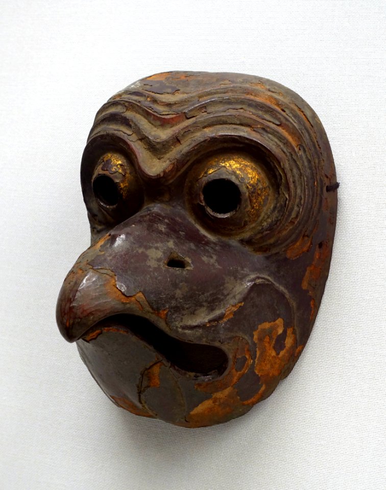 Korobase bugaku mask, lent by Masumida Jinja, Aichi, Japan, Kamakura period, dated 1211 AD, wood with polychromy - Tokyo National Museum - Tokyo, Japan - DSC09026