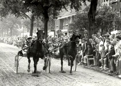 Kortebaandraverij in de Santpoortse Hoofdstraat tijdens de feestweek. Aangekocht in 1983 van fotograaf C. de Boer. - Negatiefnummer 22163 k 8 a. - Gepubliceerd in het Haarlems Dagblad van 06, NL-HlmNHA 1478 25900 K 38