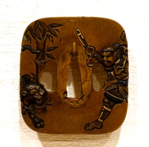 Kokusen'ya and Tiger, tsuba, Japan, Tsuneshige, sentoku (alloy of copper, tin, zinc), glass - Peabody Essex Museum - DSC07444