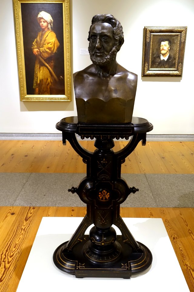 Dr. John Moffatt by Hiram Powers, 1852, bronze, on sculptural pedestal, Kimbel & Cabus, c. 1870, ebonized and gilded wood - Portland Museum of Art - Portland, Maine - DSC04255