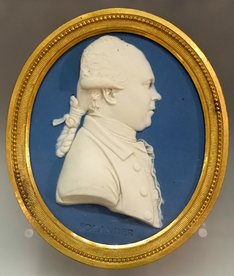 Dr Daniel Charles Solander, by John Flaxman Jr, c. 1778, pale blue jasper, darker blue dip, white relief, ormolu frame by Matthew Boulton - Wedgwood Museum - Barlaston, Stoke-on-Trent, England - DDSC09625