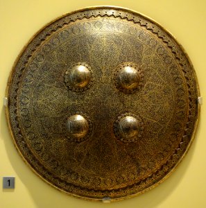 Dhal (shield), North India, Mughal period, 17th century, steel, gold, silk, leather - Royal Ontario Museum - DSC04543