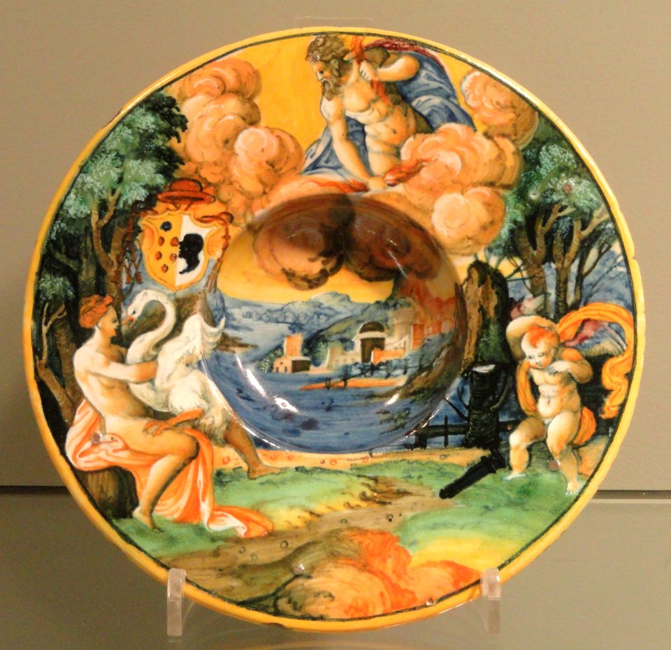 Dish with scene from the story of Leda and the Swan, 1531-1544, Italy, probably Urbino, Cardinal Antonio Pucci, tin-glazed earthenware (maiolica) - Gardiner Museum, Toronto - DSC01278