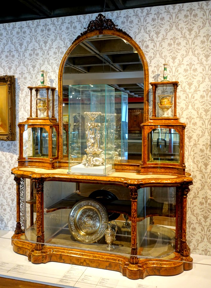 Display cabinet by Thomas Fox, London, c. 1862, walnut, holly, pine, actid-etched glass, metal, mirrors, velvet - Montreal Museum of Fine Arts - Montreal, Canada - DSC09337