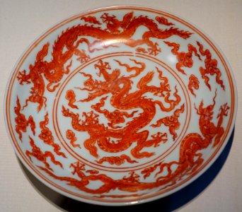 Dish with red dragons, China, Jingdezhen, Ming dynasty, Xuande mark and period, 1426-1435, porcelain, iron-red enamel over glaze - Freer Gallery of Art - DSC04978