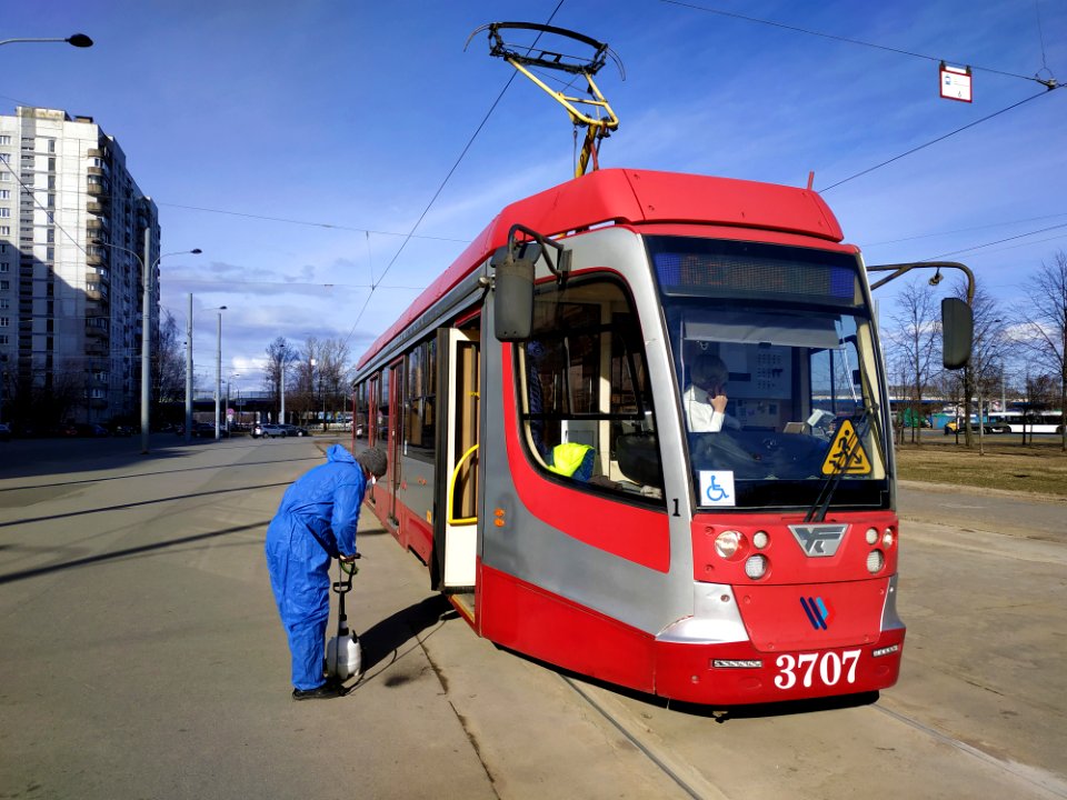 Disinfection of the tram during the COVID-19 pandemic. Saint Petersburg, Russia