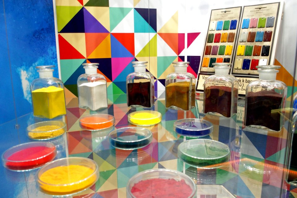 Display of colour pigments at NTM museum, Prague