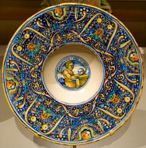 Dish with Memento Mei scene, Italy, Faenza, c. 1520-1530, maiolica - Wadsworth Atheneum - Hartford, CT - DSC05043