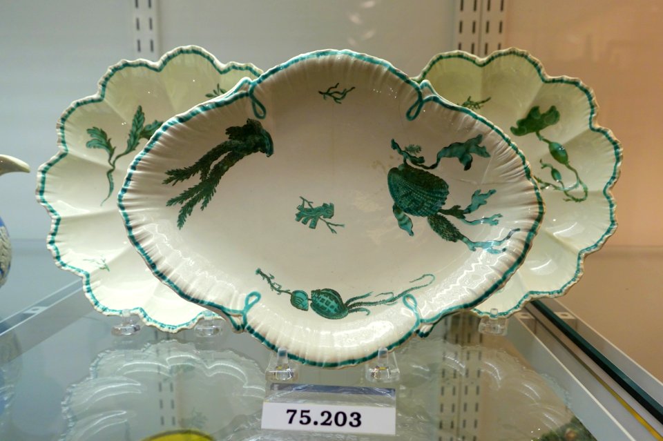 Dish with shells and seaweed, Josiah Wedgwood, c. 1785-1790, pearlware, overglaze enamel, HD 75.203 - Flynt Center of Early New England Life - Deerfield, Massachusetts - DSC04605