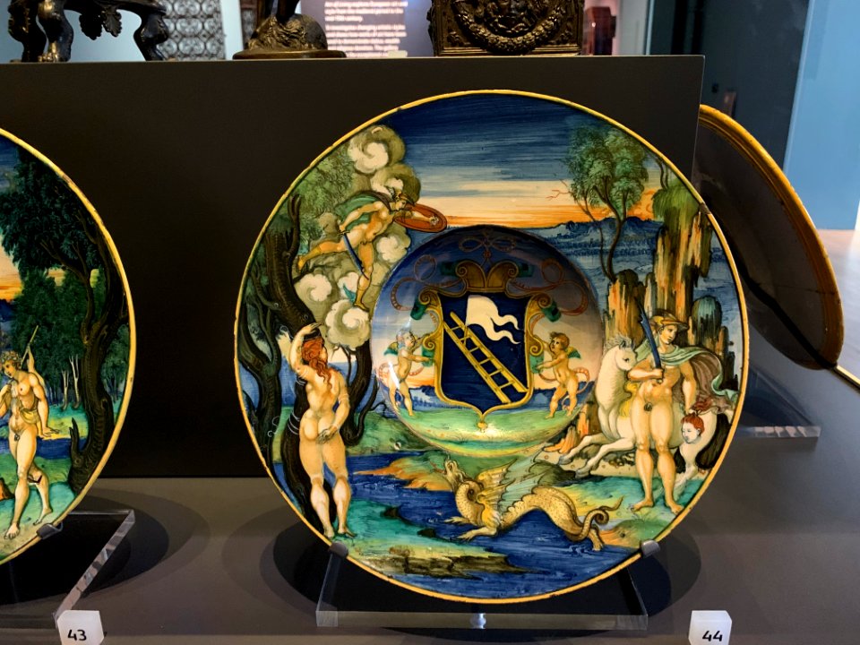 Dish with Perseus and Andromeda, painted maiolica by Nicola da Urbino, c1525