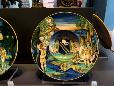 Dish with Perseus and Andromeda, painted maiolica by Nicola da Urbino, c1525