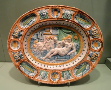 Dish with scene symbolizing Fecundity, c. 1640, London, probably Montague Close factory of Pickleherring factory, tin-glazed earthenware - Gardiner Museum, Toronto - DSC01225