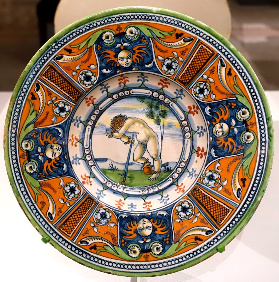 Dish with scene of putto committing suicide, Italy, probably Siena, c. 1510-1525, maiolica - Wadsworth Atheneum - Hartford, CT - DSC05056